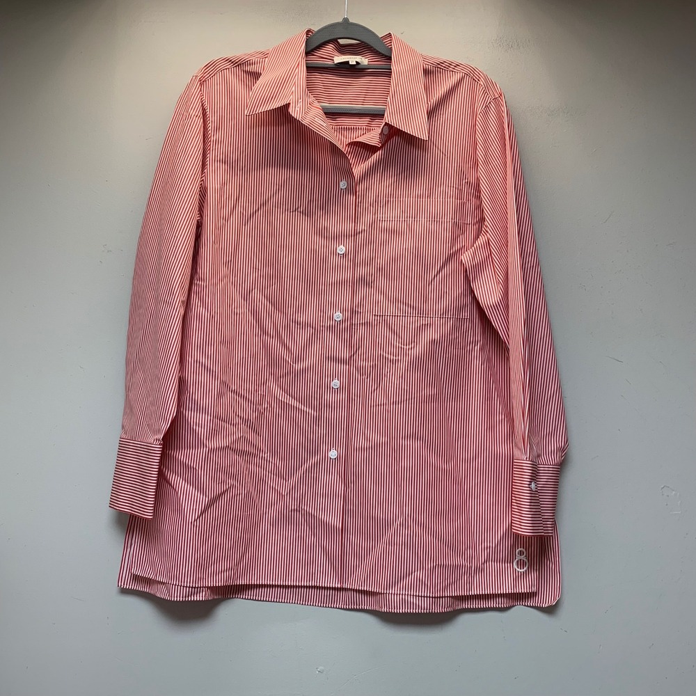 Lafayette 148 Button Down Women L Red Striped Cotton Tunic Excellent FAB#1W20